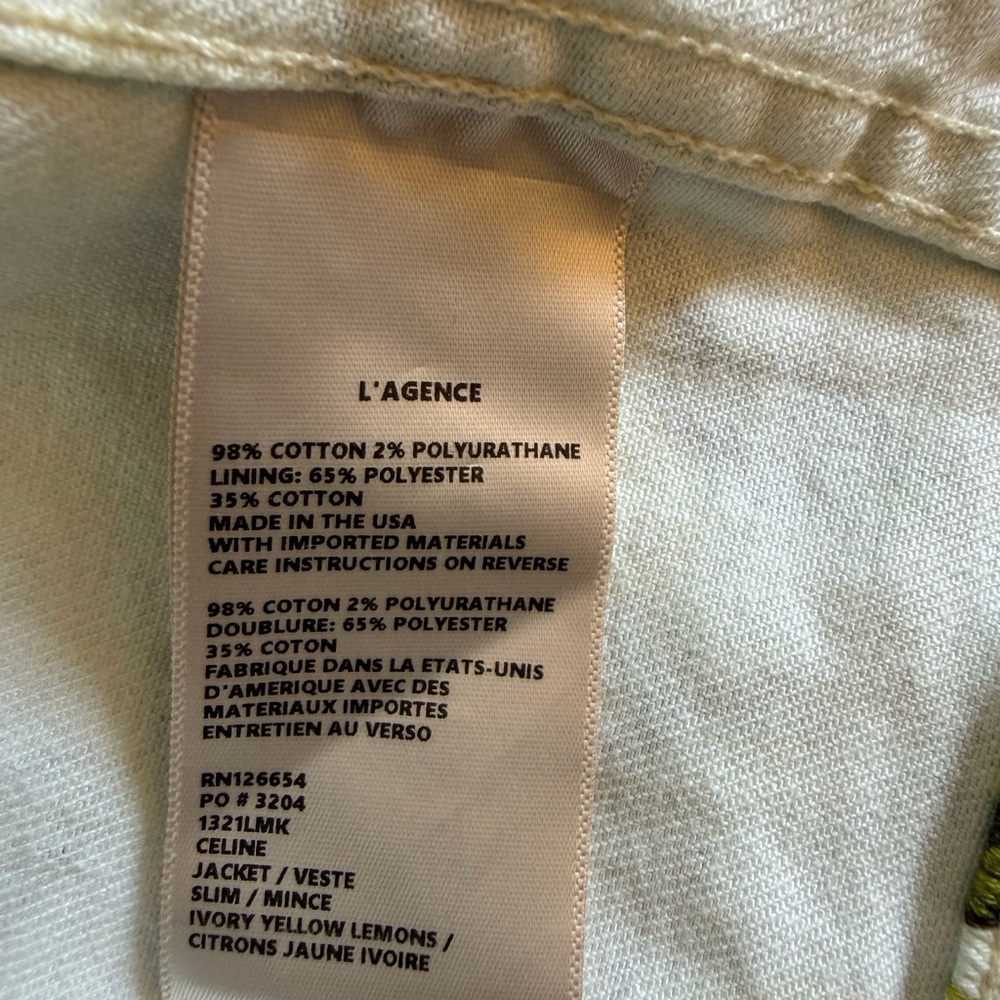 L’Agence Celine Lemon Print Denim Jacket Ivory Made in USA Yellow Size Medium - Picture 5 of 7